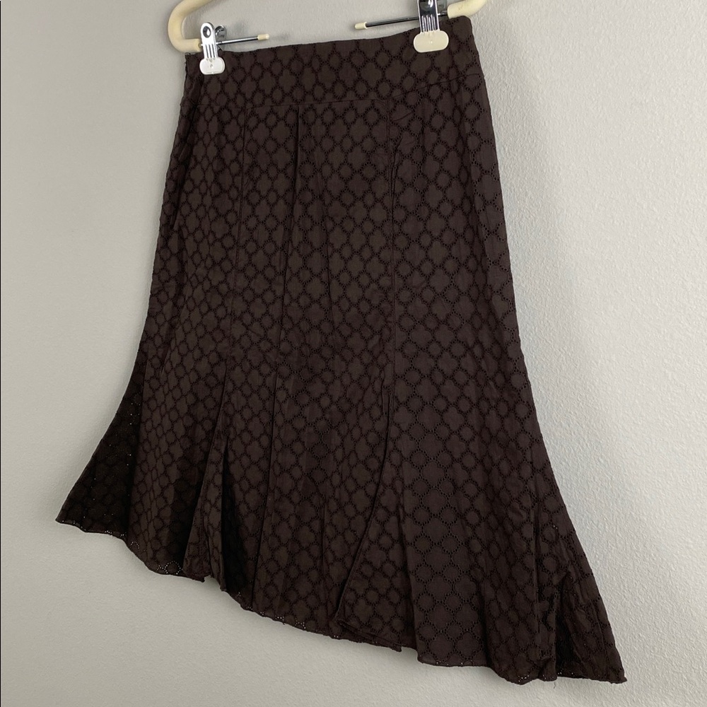 Cortefiel Boho Embroidered Eyelet Godet Skirt | Pleated, Lined, Side Zip | Brown - Picture 8 of 16